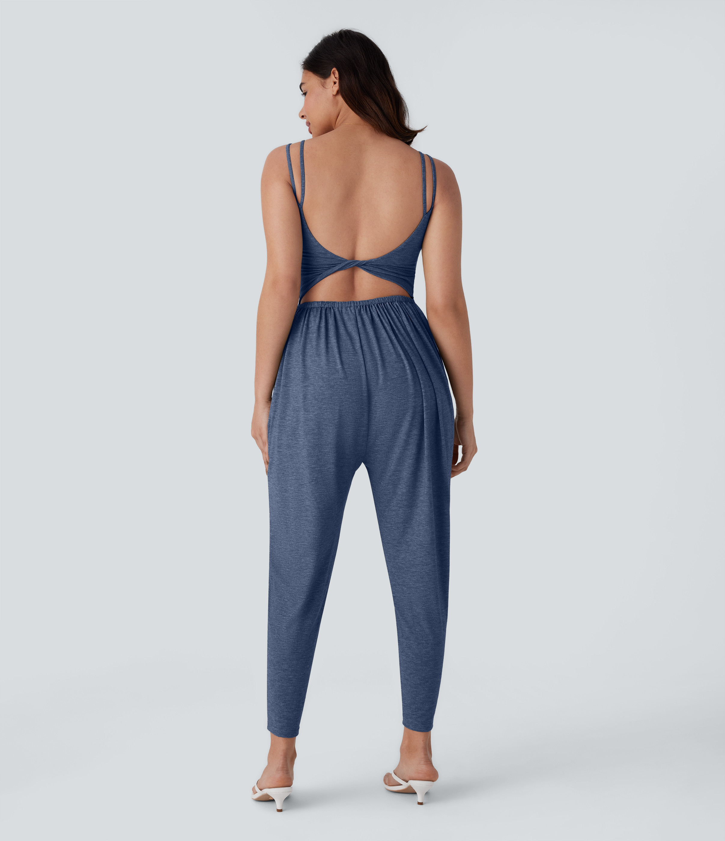 Halara Backless Twisted Double Straps Side Pocket Harem Casual Jumpsuit-Easy Peezy - Mottled Indigo - XS(regular) | HALARA