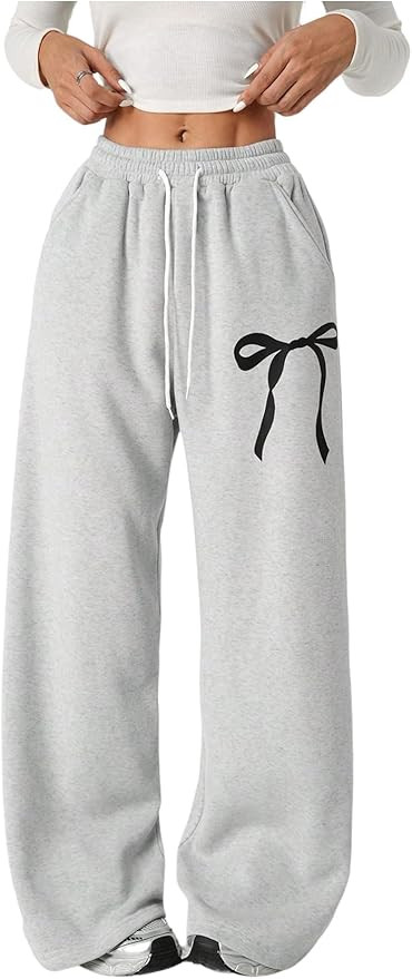 Verdusa Girl's Bowknot Baggy Sweatpants Lightweight Straight Leg Athletic Pants with Pockets | Amazon (US)