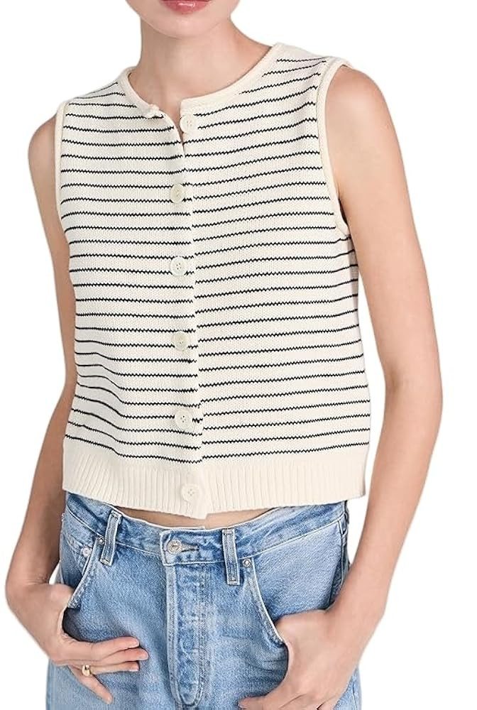 Women Knit Sweater Vest Lightweight Button Down Crew Neck Slim Fitted Sleeveless Cardigan Crop Ta... | Amazon (US)