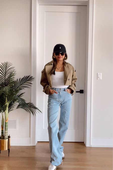 Casual outfit, cropped trench, white Amazon tank, Abercrombie denim size 26 true to size, polo hat, adidas sneakers, how to style for fall 

#LTKSeasonal #LTKstyletip