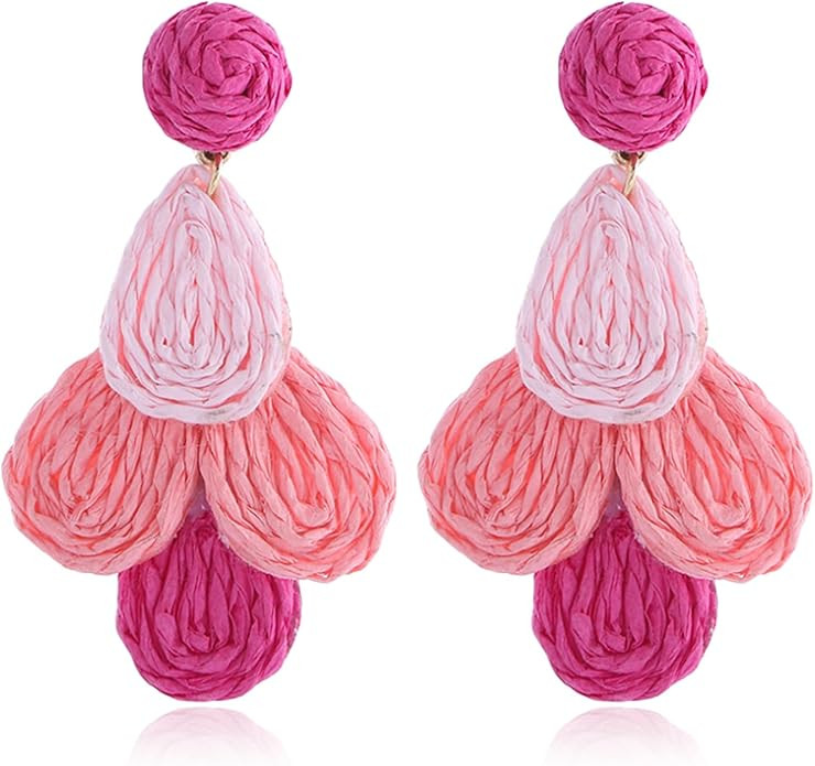 Boho Raffia Teardrop Earrings for Women Handmade Colorful Straw Wrapped Flower Drop Dangle Earrin... | Amazon (US)