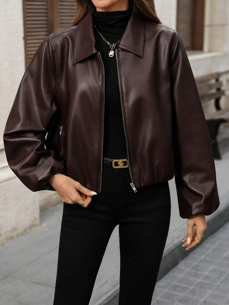 EMERY ROSE Women's Street Fashion PU Zipper Long Sleeve Jacket | SHEIN