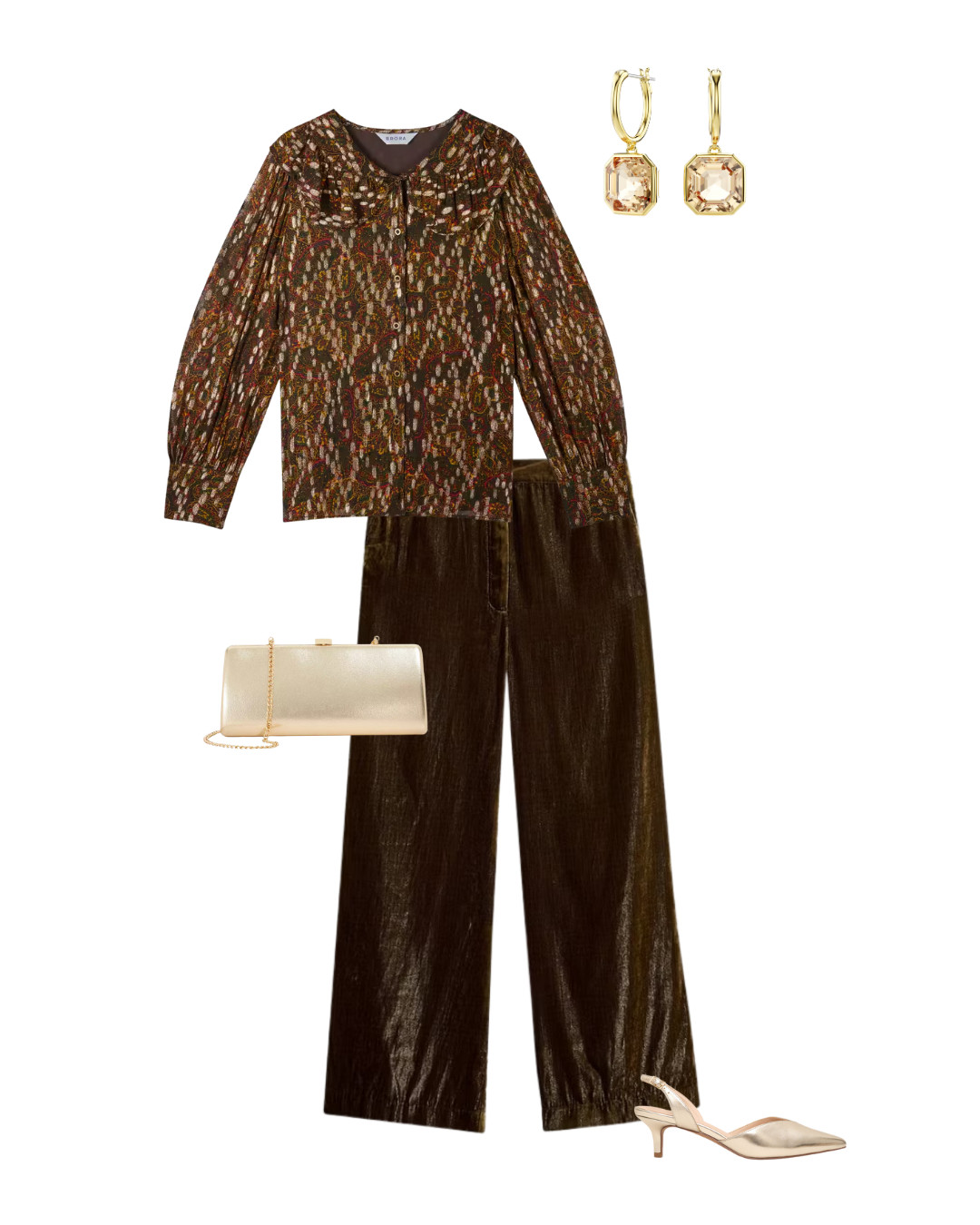 Wjat to pack for Christmas in a country house hotel - Christmas Eve - Velvet trousers in olive green, metallic blouse in bronze and green, gold shoes and bag, statement crystal earrings 

 #LTKuk #LTKfestive #LTKover50style