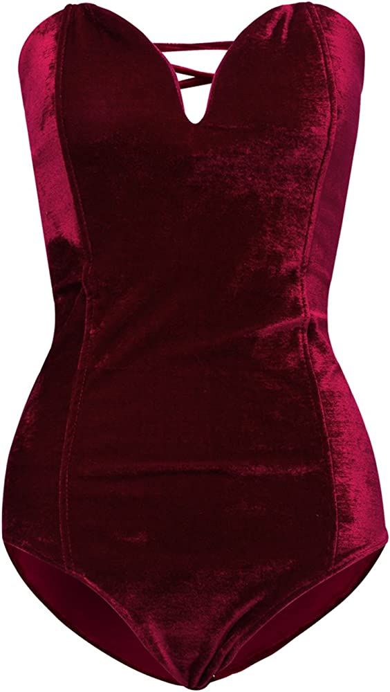 Clothink Women Burgundy Bandeau Back Lace Up Velvet Bodysuit | Amazon (US)