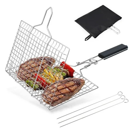 Dupashio Fish Grill Basket Stainless Steel Grilling Basket Folding Portable BBQ Grill Basket with Re | Walmart (US)