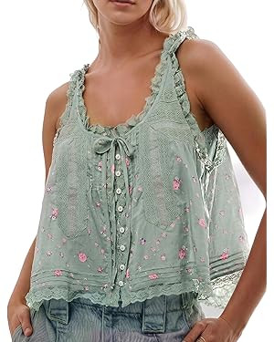 Women Summer Boho Lace Tie Front Tank Beach Vacation Top Button Down Sleeveless Cardigan Crop Y2k... | Amazon (US)
