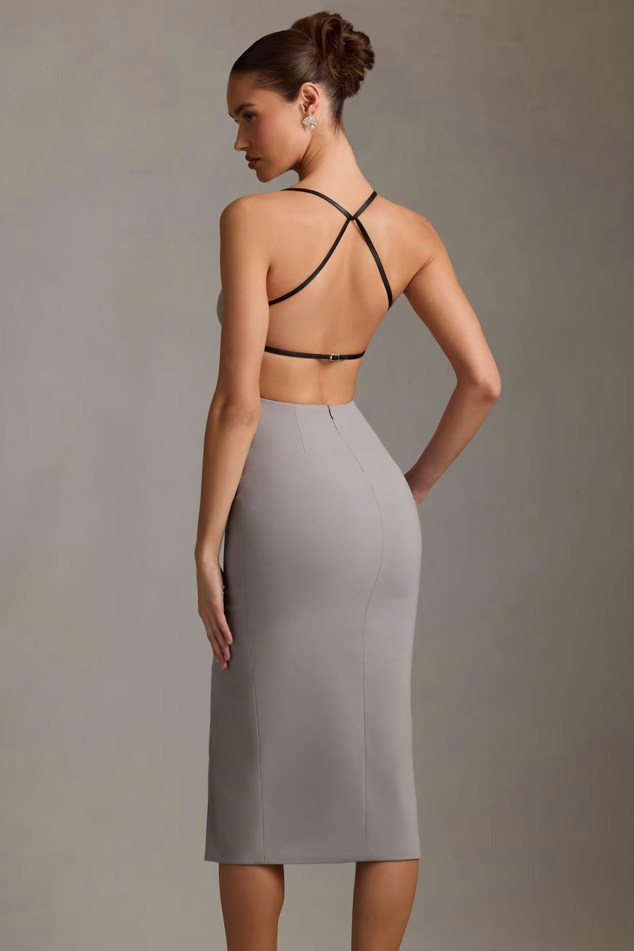 Plunge-Neck Backless Midaxi Dress in Grey | Oh Polly