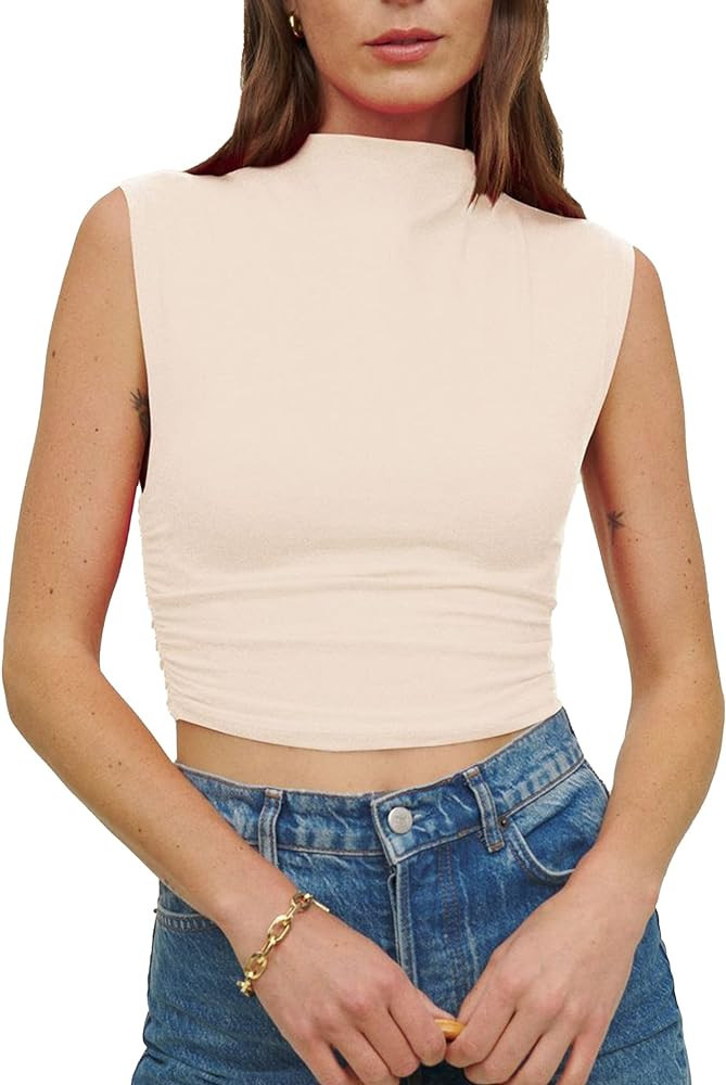 KAMISSY Women Workout Mock Neck Ruched Crop Tank Top Casual Turtleneck Sleeveless Slim Fitted Cro... | Amazon (US)