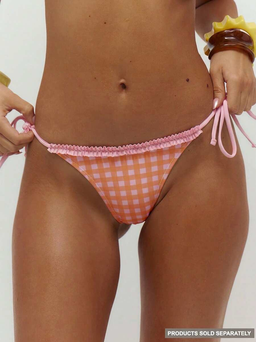 Musera Resort Check Print Tie Side Frill Detail Bikini Bottoms Only Summer Swim Beach Vacation Ev... | SHEIN