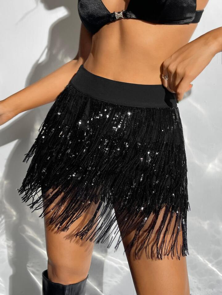 SHEIN ICON Summer Spring Outfits Music Festival & Party Outfits Ladies" Two-Tone Fringed Sequined Multi-Piece Skirt | SHEIN