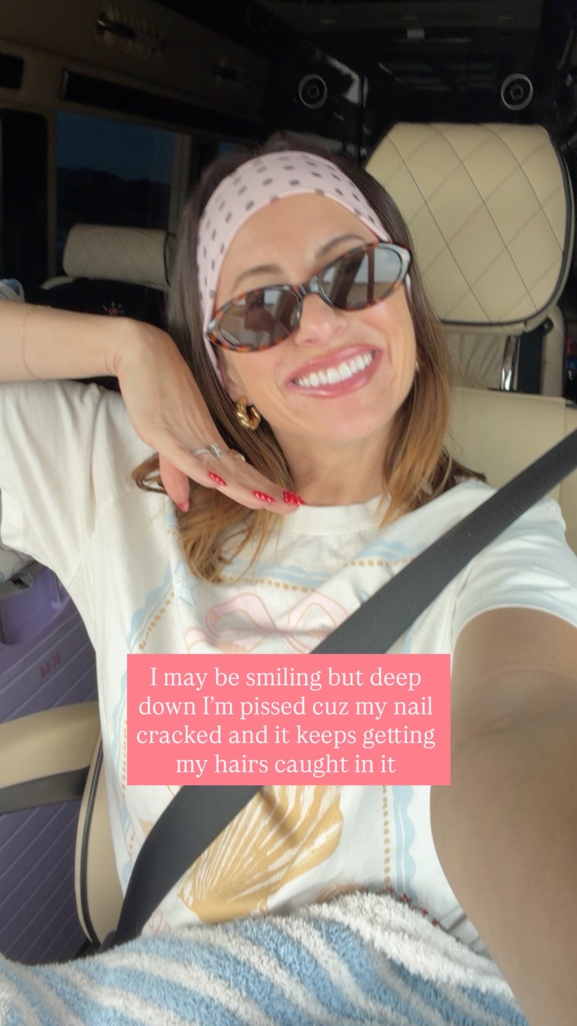 I may be smiling but deep down I’m pissed cuz my nail cracked and it keeps getting my hairs caught in it