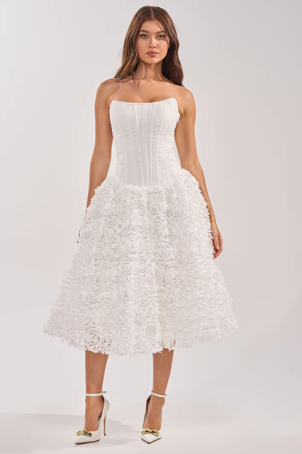 FIND ME LATER FLORAL CORSET MIDI DRESS IN WHITE | AKIRA