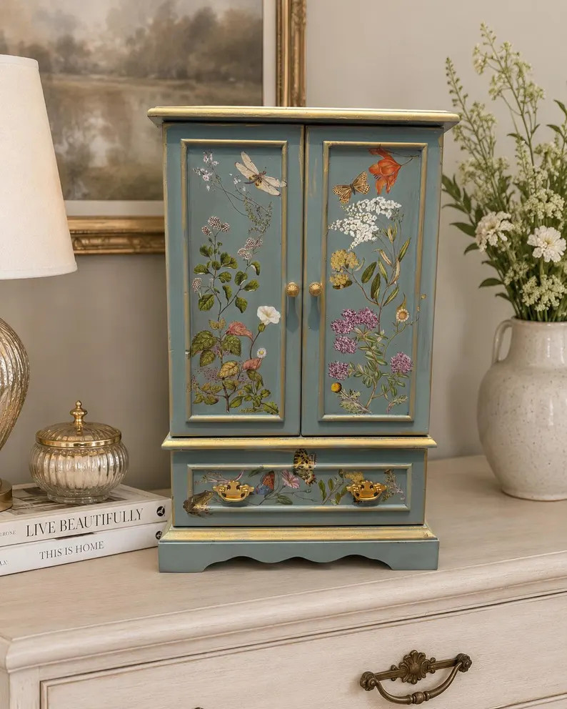 Refinished Teal Blue Wildflower Jewelry Armoire \u2013 X-Large Tabletop Jewelry Box | Etsy (Global)