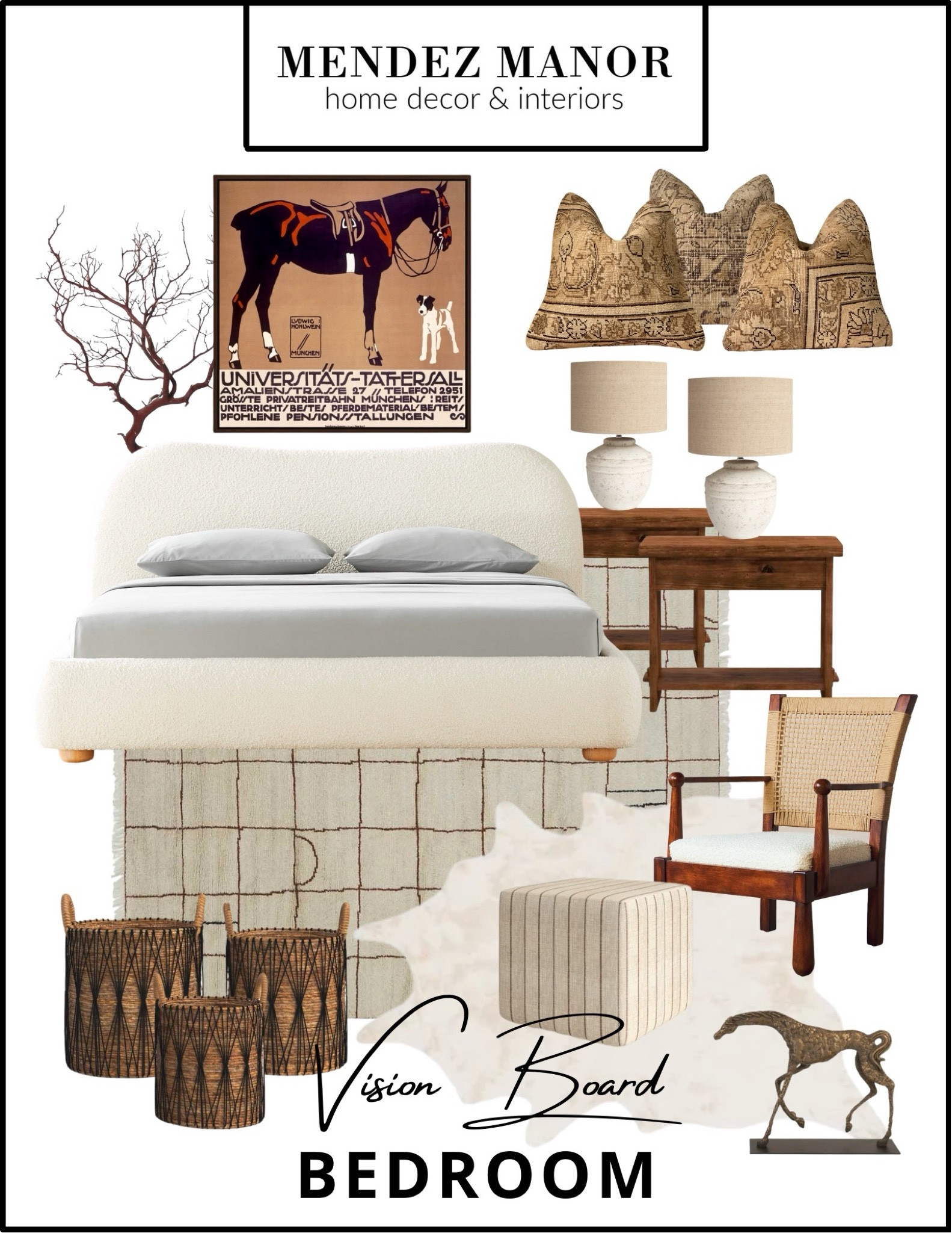 Neutral bedroom design with equestrian decor. Love the striped ottoman and grid area rug! The upholstered bed comes in Queen or King size and over 30 fabric options! 



#LTKStyleTip #LTKHome #LTKSaleAlert