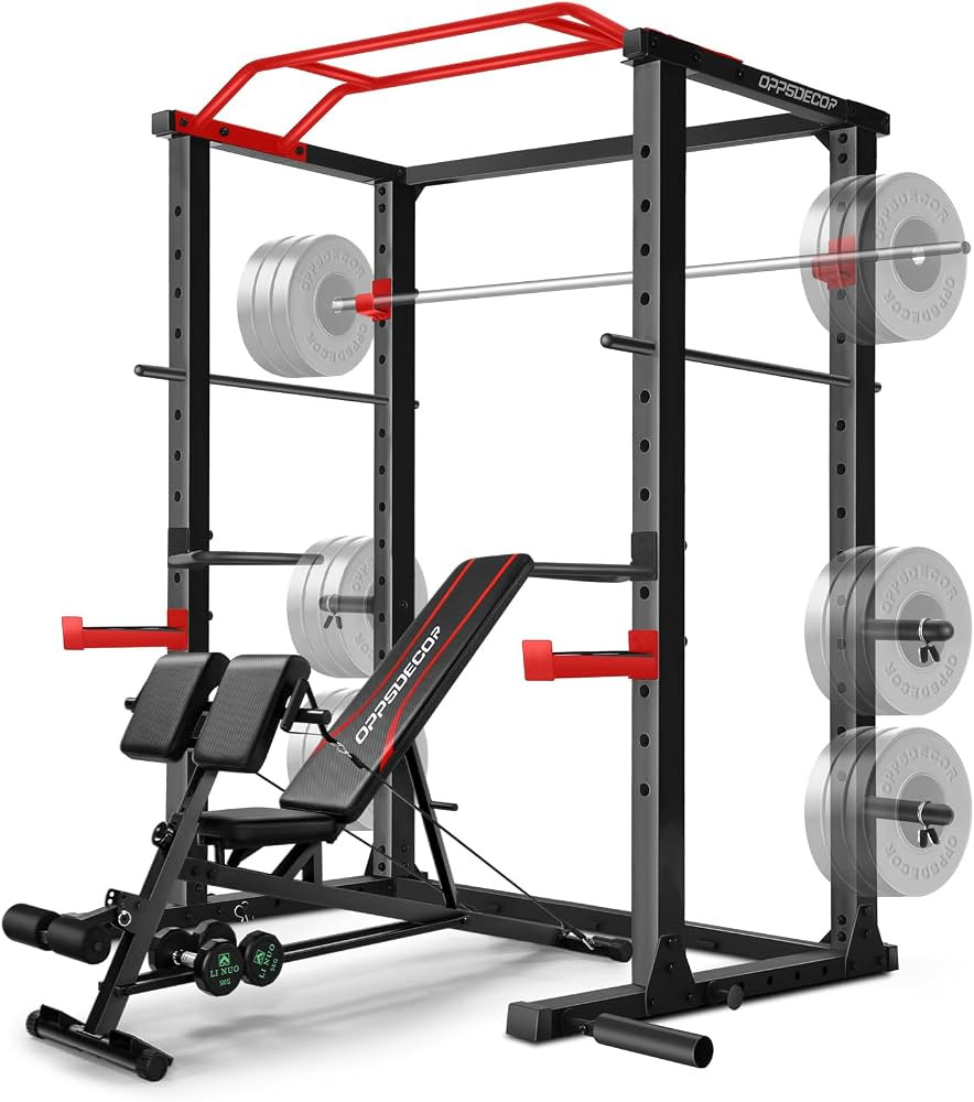 OPPSDECOR Power Cage, Multi-Function Power Rack with J-Hooks, Dip Handles, 360°Landmine and More... | Amazon (US)