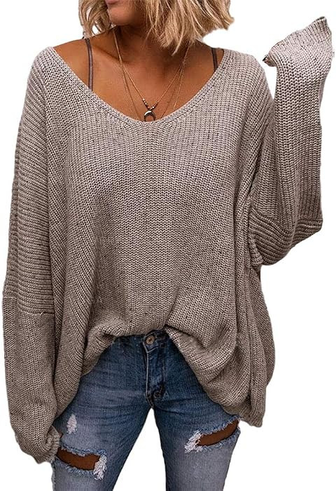 BZB Women's V Neck Long Sleeve Knit Loose Oversized Pullover Sweater Top | Amazon (US)
