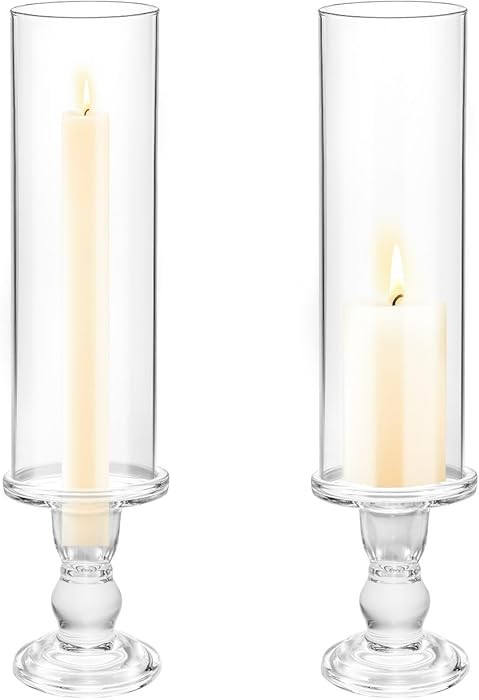 Clear Glass Hurricane Candle Holder Set of 2, 13.8 inch Tall Candlestick Holder for Taper Candles... | Amazon (US)