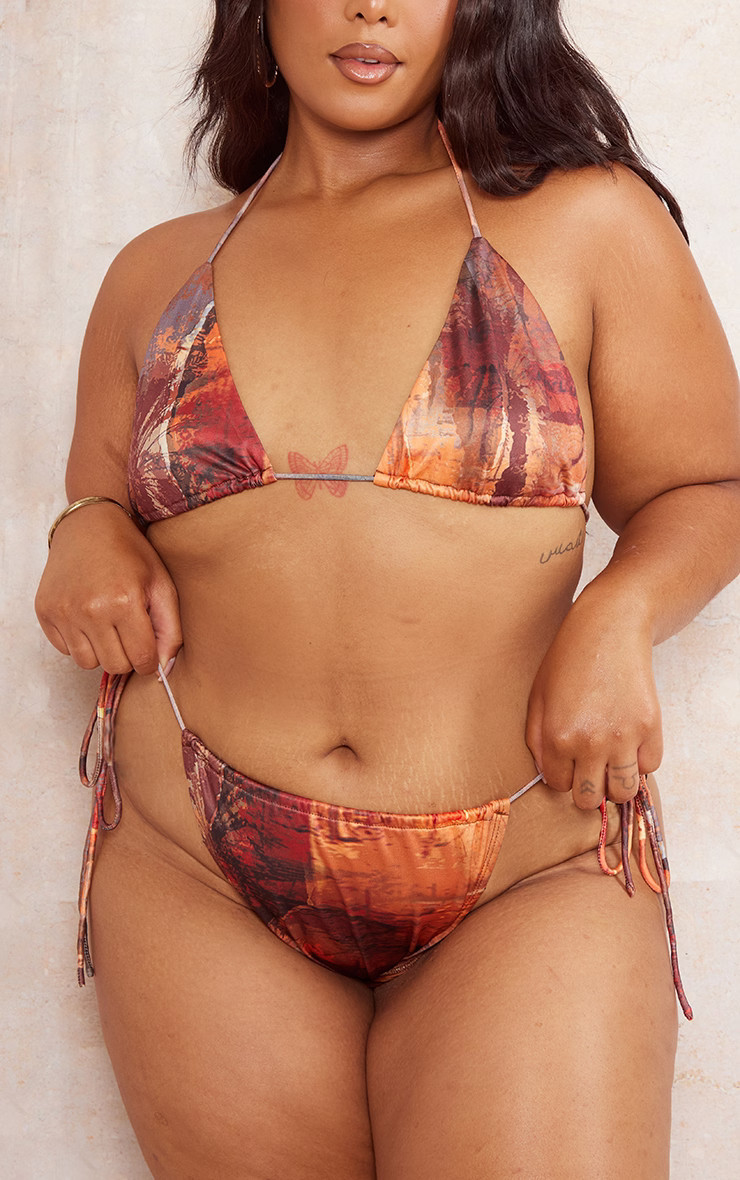 Plus Brown Abstract Printed Tie Bikini Bottoms | PrettyLittleThing US