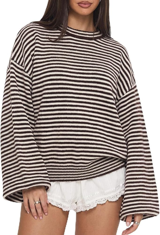 QINSEN Women's Crewneck Oversized Sweater Striped Long Sleeve Pullover Top | Amazon (US)
