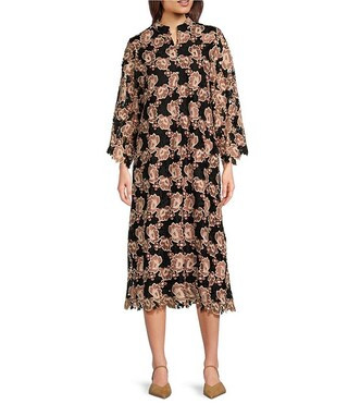 J.Marie Talia Floral Lace Mandarin Collar Long Bell Sleeve Shift Midi Dress | Dillard's | Dillard's