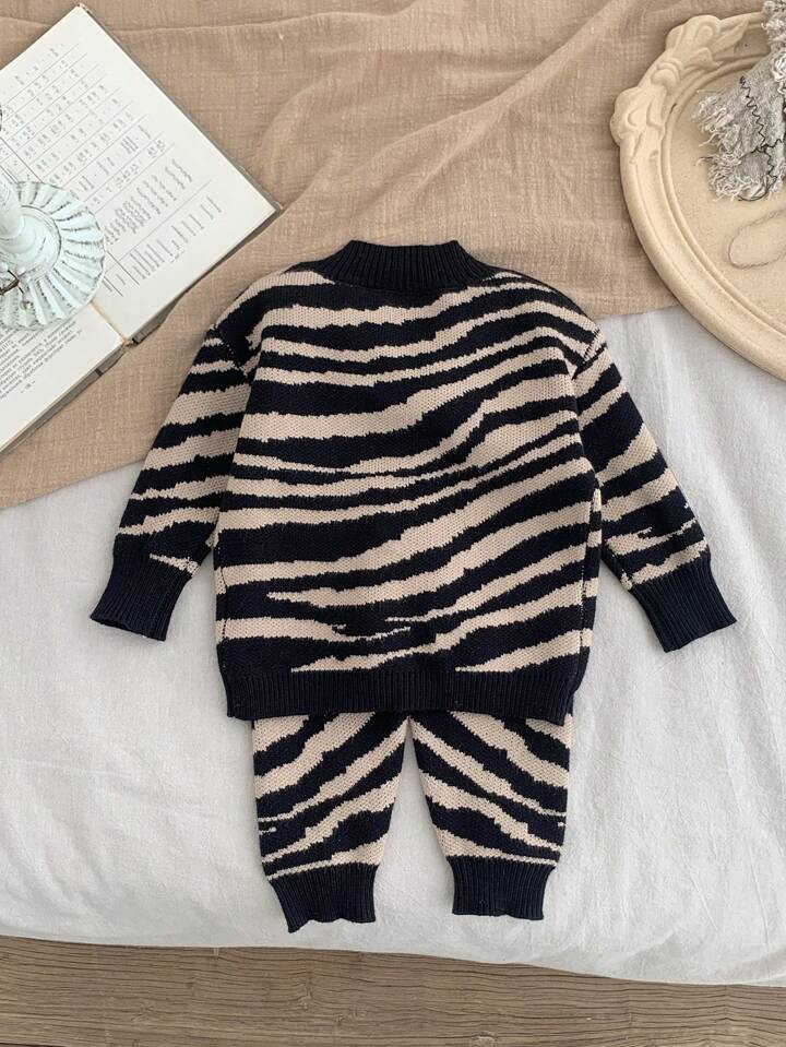 SHEIN Baby Girl 2pcs/Set Cute Zebra Print Knitted Cardigan Sweater And Elastic Waist Long Pants O... | SHEIN