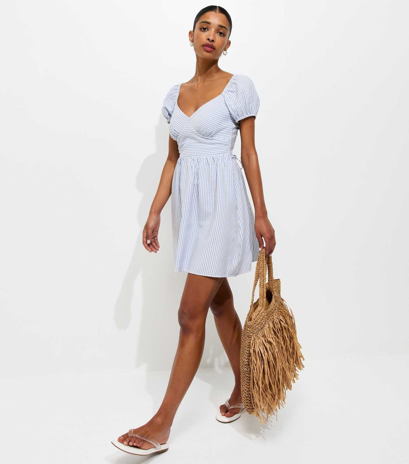 Blue Striped V-Neck Puff Sleeve Mini Dress | New Look | New Look (UK)
