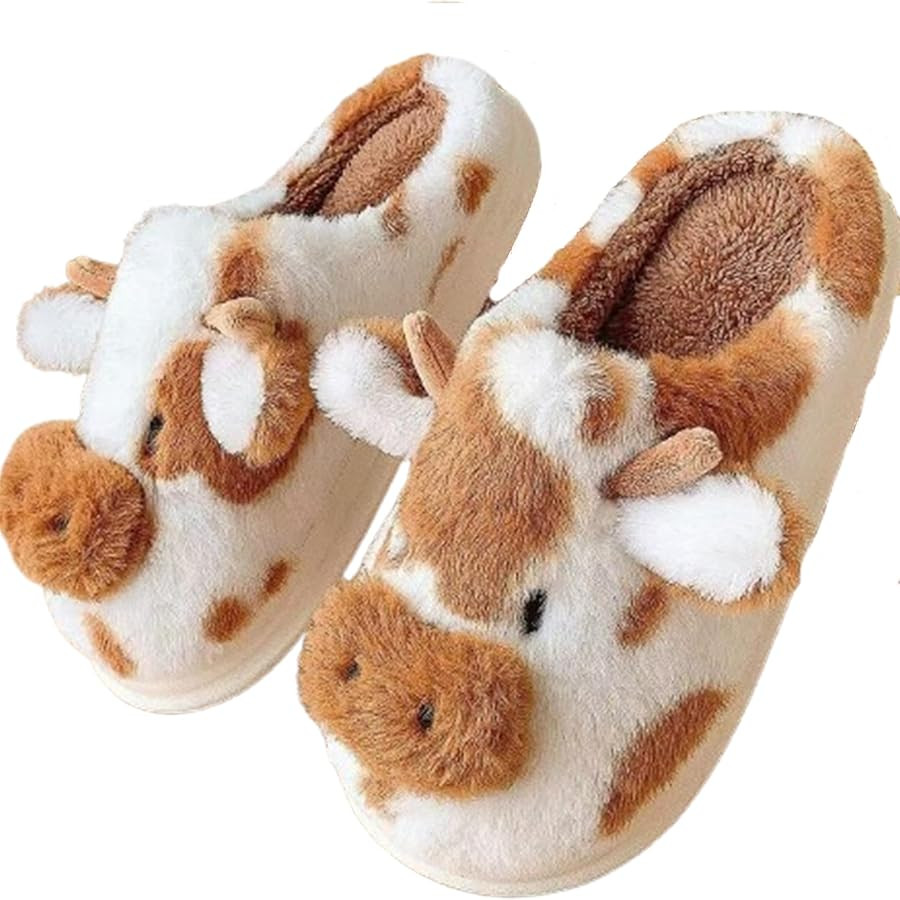 Cartoon Cow Cotton Slippers,Cute Cozy Fuzzy Animal Slippers For Women Men,Winter Warm Plush Comfy... | Amazon (US)