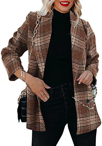Taodou Women's Casual Blazers Woolen Plaid Blazer Lapel Long Sleeve Button Pocket Jackets Coat | Amazon (US)