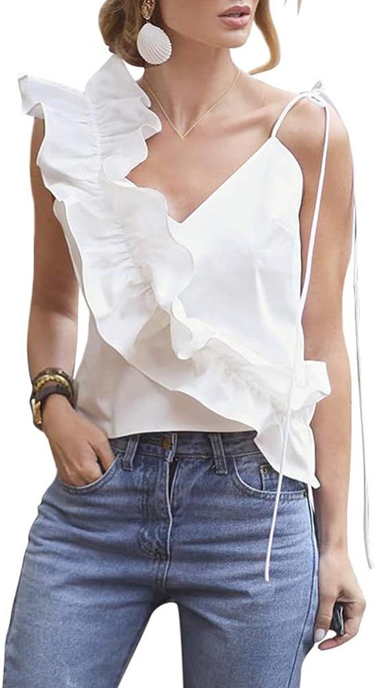 Women’s Spaghetti Strap Lace Up Ruffles Camisoles Plain Sexy Vests Shirts Tanks Tops | Amazon (US)