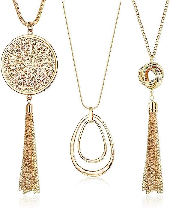 SEVENSTONE 3PCS Long Pendant Necklaces for Women Knot Disk Circle Tassel Statement Sweater Neckla... | Amazon (US)