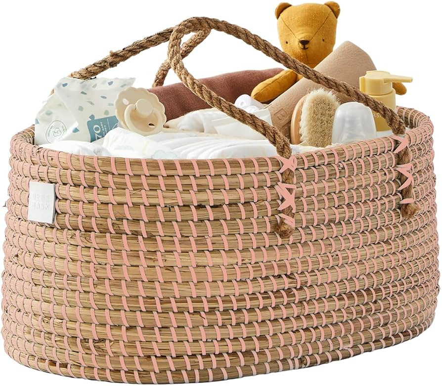 BEBE BASK Baby Diaper Caddy Organizer - Handmade Organic Seagrass - Luxury Pink Diaper Caddy Bask... | Amazon (US)
