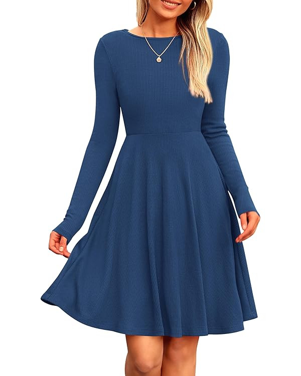 PRETTYGARDEN Women's Fall Short Dress Ribbed Knit Crewneck Long Sleeve A Line Flowy Casual Elegan... | Amazon (US)