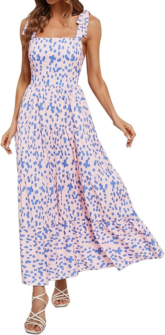 YWEFSJ Summer Dress 2023 Cute Floral Printed Dresses Knee Length Spaghetti Strap Square Neck Sund... | Amazon (US)