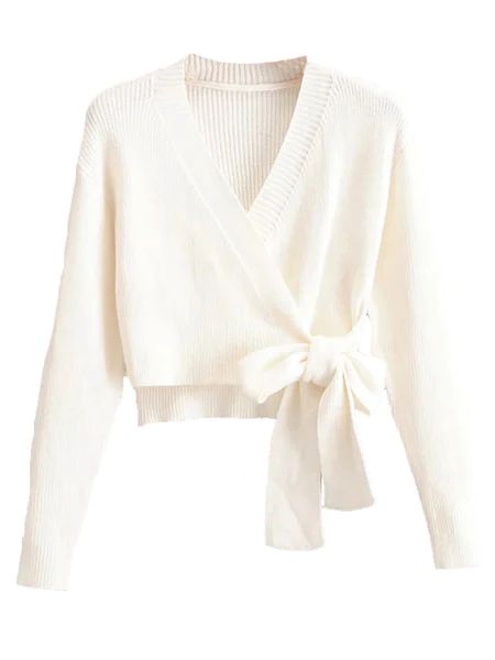 'Katy' Cream Knitted Bow Wrap Sweater | Goodnight Macaroon