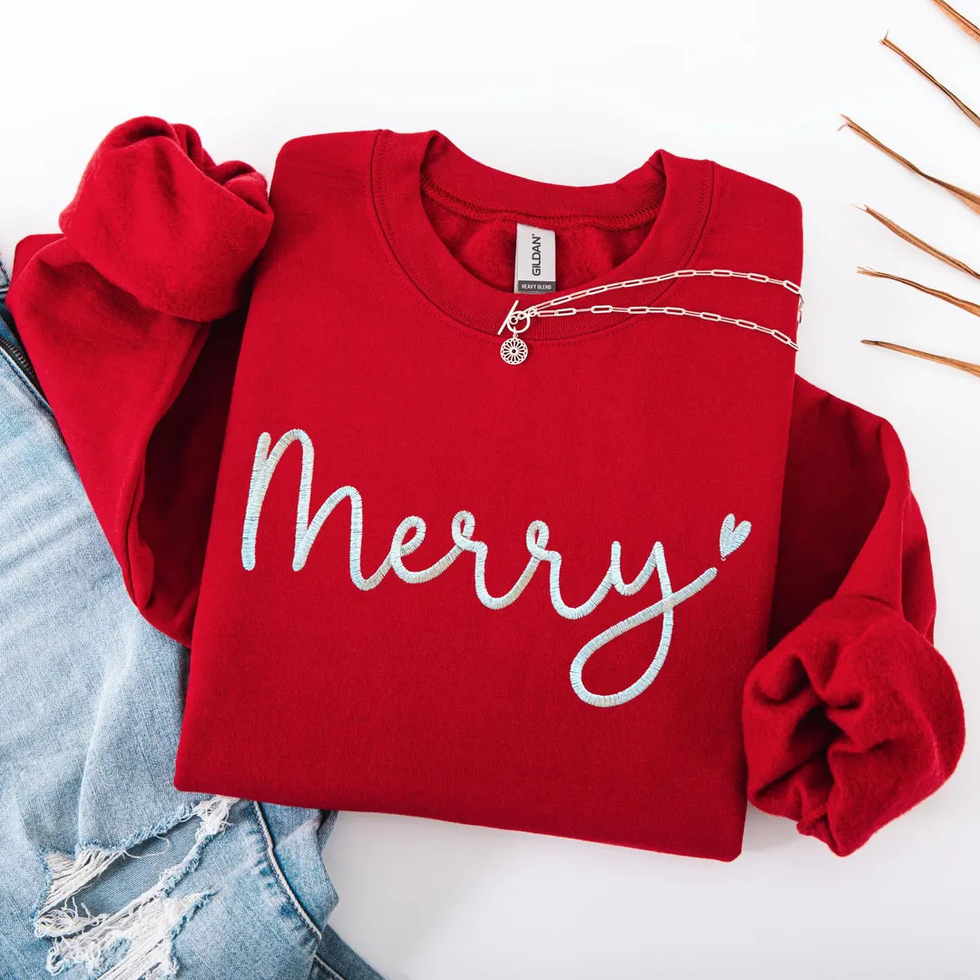 Embroidered Merry Christmas Sweatshirt Minimalist Holiday Crewneck Simple Script Christmas Shirt ... | Etsy (US)