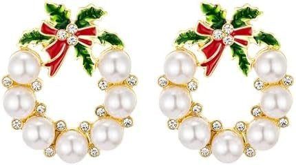 Gold Christmas Wreath Stud Earrings for Women, Simulated Pearl Hoop Drop Earrings Christmas, E01N | Amazon (US)