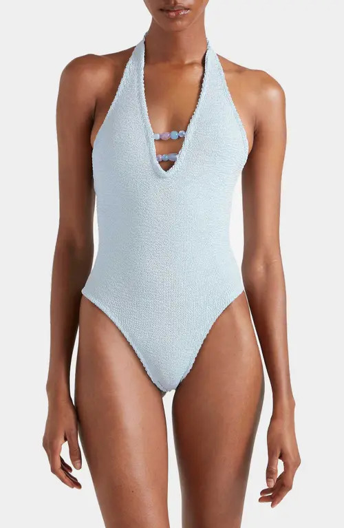 Hunza G Adriana Beaded One-Piece Swimsuit in Metallic Ice Blue at Nordstrom | Nordstrom
