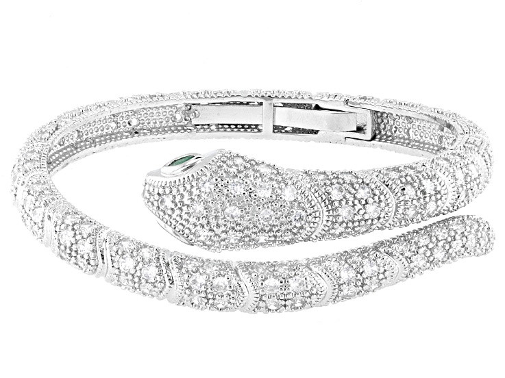 Emerald Simulant and White Cubic Zirconia Rhodium Over Brass Snake Bracelet 10.39ctw - DOL256 | JTV Jewelry