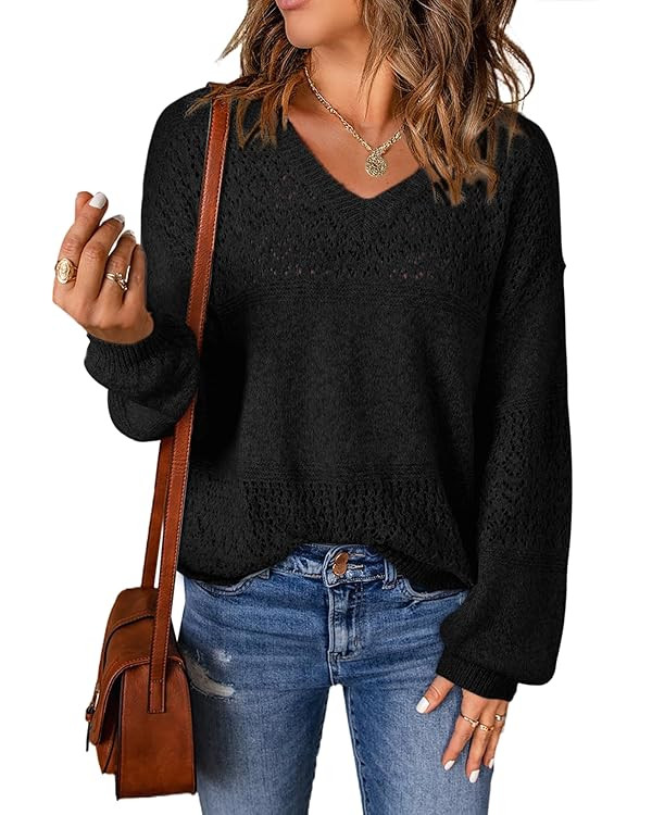 SHEWIN Women's Sweaters Casual Long Sleeve V Neck Lightweight Crochet Pullover Sweater Tops | Amazon (US)