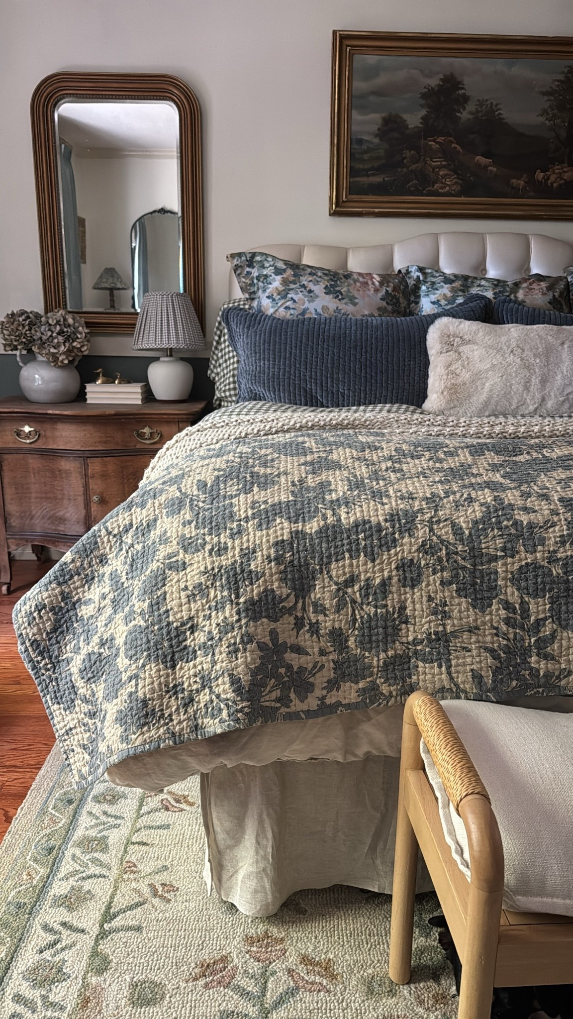 Bedroom links… linen gingham sheet set, European flax linen, linen duvet set, linen bedskirt, wool rug, arched gold mirror, lamp, vase, ceramic vase with twisted handles, chunky throw blanket, faux fur pillow cover, shams, toile shams, Euro sham, scallop velvet sham
