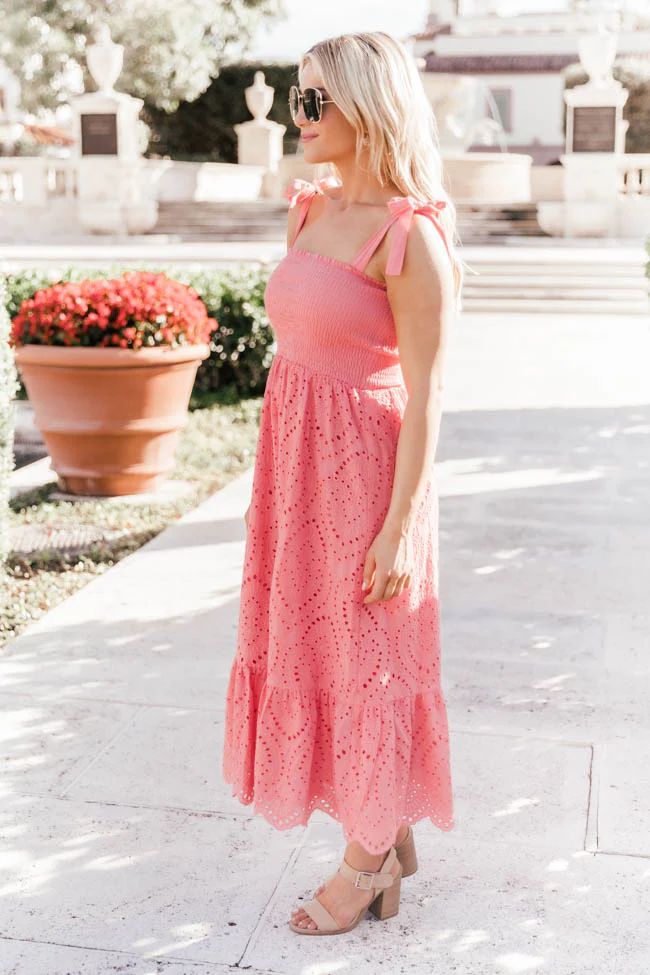 Promise In My Heart Coral Lace Midi Dress | The Pink Lily Boutique