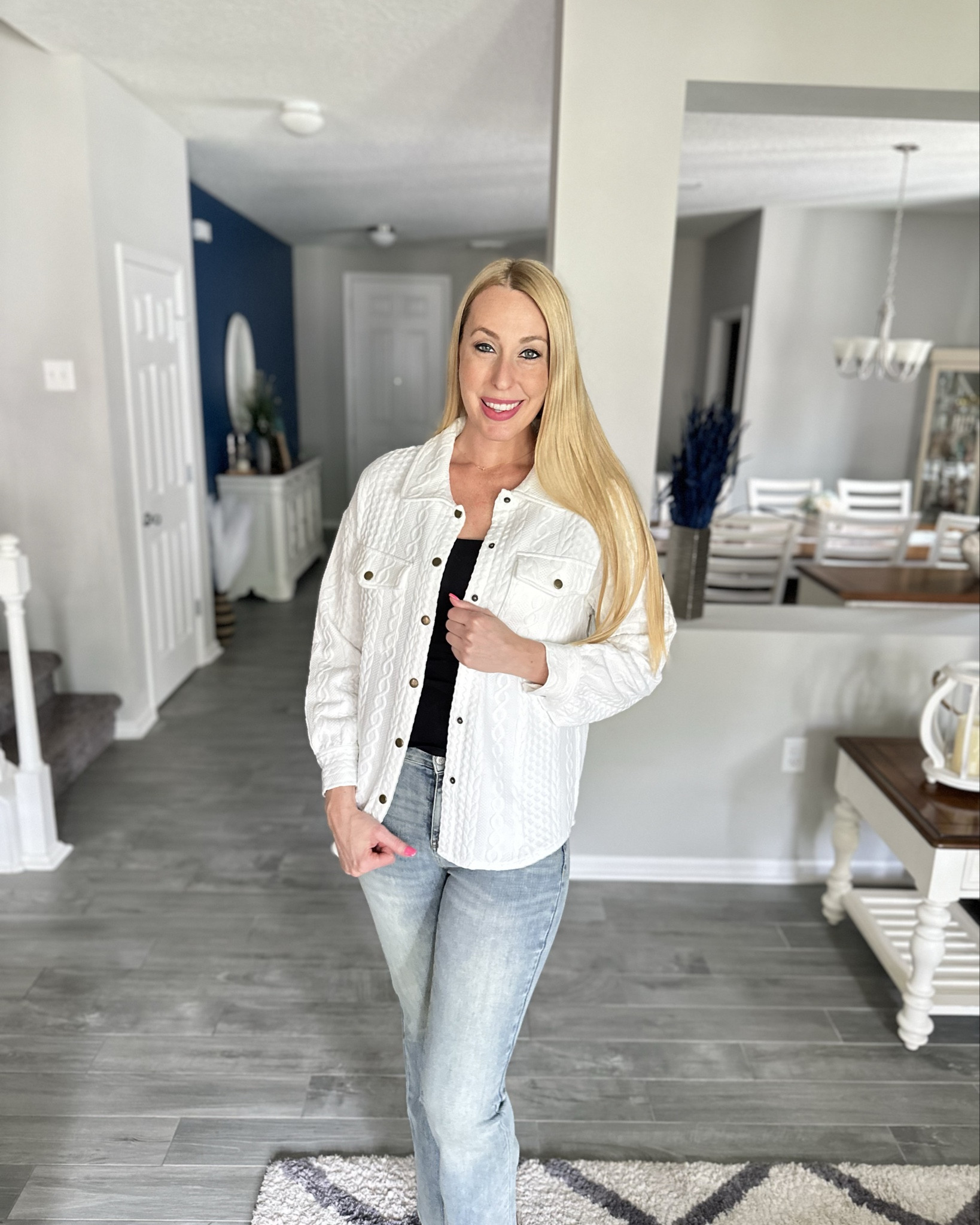 White button up Shacket 
🤍 I love the fun cable knit style 
🤍 comes in several colors 
🤍 wearing size small and fits tts 

#LTKStyleTip #LTKFindsUnder50 #LTKFindsUnder100