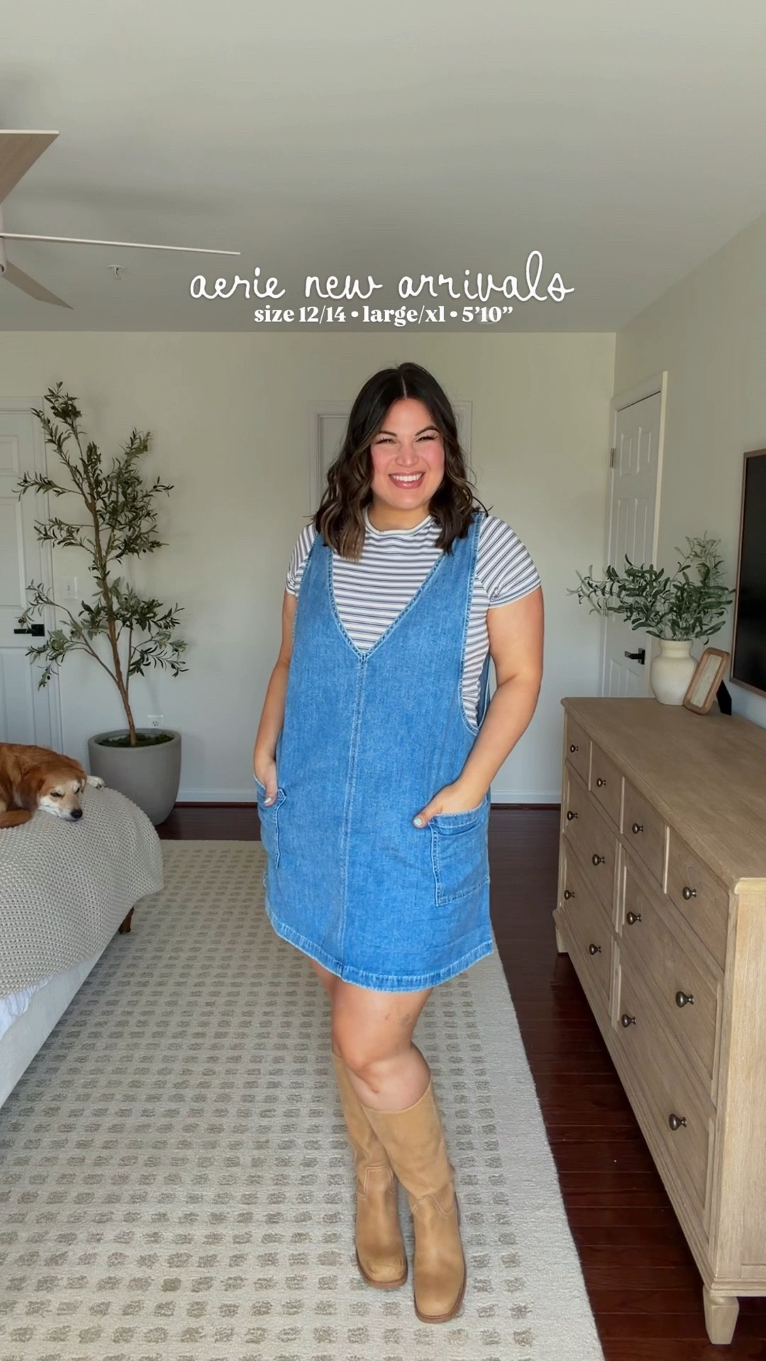 @Aerie  new pre fall arrivals!! which look is your fav?! imo every single look is a win 🥳 so much so ive already been wearing a lot of this!! also so excited to see that denim dress is back in stock in new washes!

Sizes: 
Green set : top : large, pants: large long
Plaid dress : large 
Stripe tee: large 
Denim dress: xl
Jeans: large long
Active set: top: large, leggings: large long

#LTKSeasonal #LTKMidsize #LTKTall