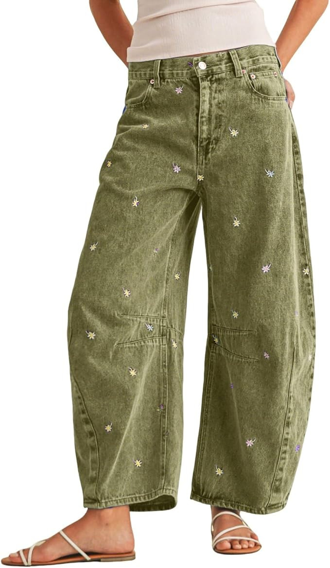 Women Boyfriend Baggy Barrel Jeans Mid Rise Wide Leg Jeans Embroidered Denim Ankle Pants Patchwor... | Amazon (US)