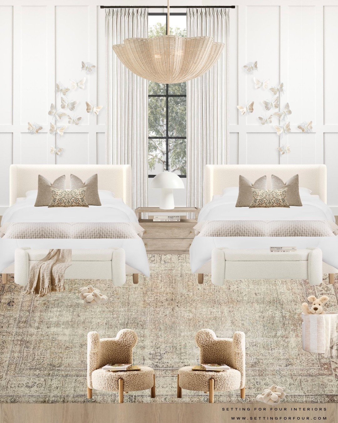 Stylish girls bedroom - furniture  and decor ideas, neutral aesthetic, twins room, shared kids bedroom, twin bedroom design ideas, wall decor, butterfly, teddy bear, kids room, upholstered bed, nightstand, area rug, white, beige, pink, greige, play chairs, dresser, heart, desk, office chair, curtains, earthy, pink, beige, white, woven pendant light, Pottery Barn style, Crate & Barrel look, Target, Walmart, Amazon home, Restoration Hardware style#LTKsale

#LTKHome #LTKKids