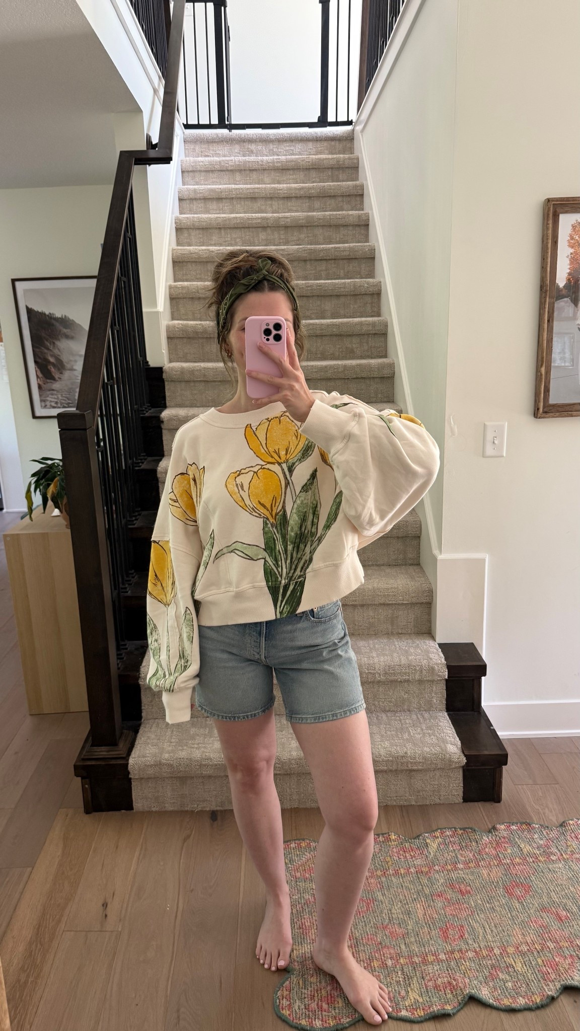 wearing a small in crewneck, so many pretty prints and comfy! favorite denim shorts pre-pregnancy so sized up a few in these postpartum! 

Spring outfit, summer outfit, mom outfit 

#LTKootd