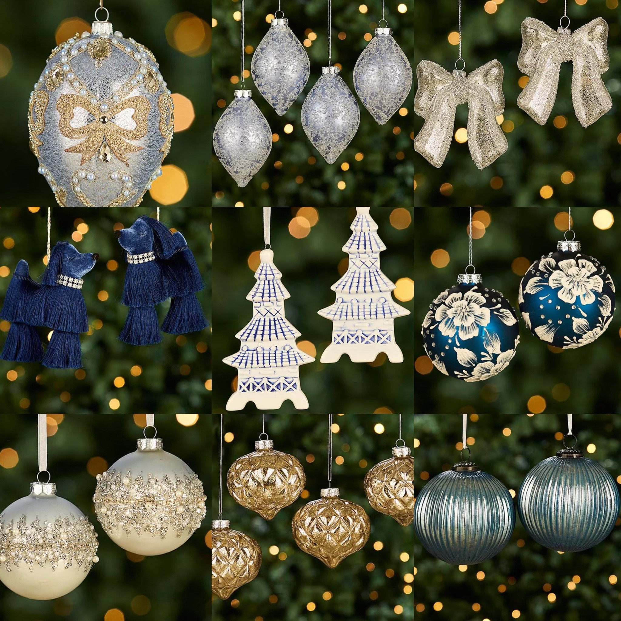 Such a gorgeous ornament collection from Dillards!

Blue and white Christmas, blue ornaments, dog ornaments, pagoda ornaments, grand millennial, bow ornaments, gold ornaments, mercury glass