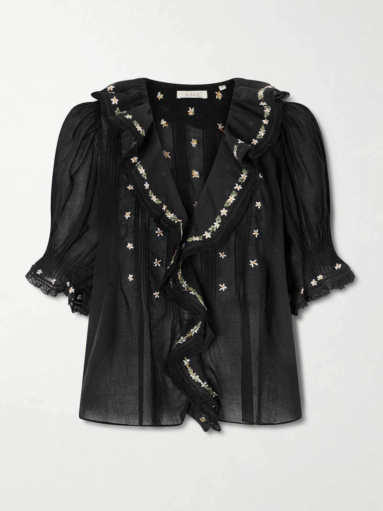 DÔEN - Hettie Lace-trimmed Embroidered Organic Cotton-voile Blouse - Black | NET-A-PORTER (US)