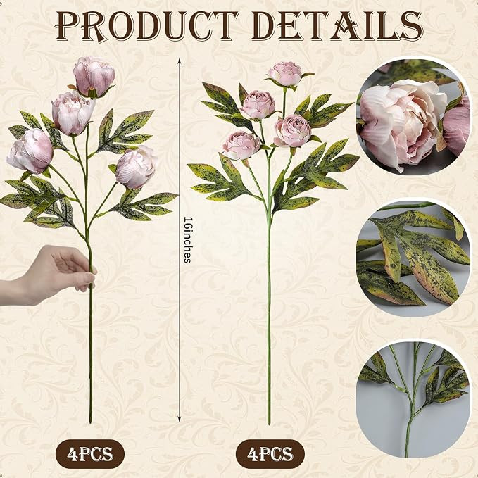 8 Pcs Faux Peony Stems Flowers Bulk Vintage Artificial Silk Peonies Stems Real Look Fake Peonies ... | Amazon (US)