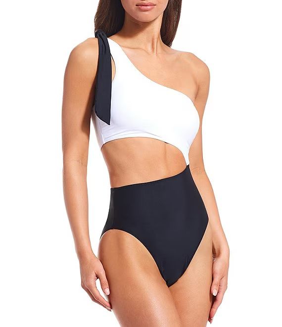 Opposites Attract Color Block Asymmetrical Tie Shoulder Cut Out One Piece Swimsuit | Dillard's